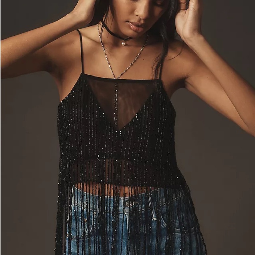 Anthropologie Black Sheer Beaded Camisole